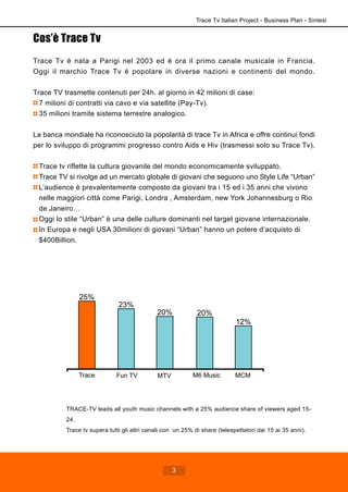 Cos’è Trace Tv
Trace Tv è nata a Parigi nel 2003 ed è ora il primo canale musicale in Francia.
Oggi il marchio Trace Tv è popolare in diverse nazioni e continenti del mondo.
Trace TV trasmette contenuti per 24h. al giorno in 42 milioni di case:
7 milioni di contratti via cavo e via satellite (Pay-Tv).
35 milioni tramite sistema terrestre analogico.
La banca mondiale ha riconosciuto la popolarità di trace Tv in Africa e offre continui fondi
per lo sviluppo di programmi progresso contro Aids e Hiv (trasmessi solo su Trace Tv).
Trace tv riflette la cultura giovanile del mondo economicamente sviluppato.
Trace TV si rivolge ad un mercato globale di giovani che seguono uno Style Life “Urban”
L’audience è prevalentemente composto da giovani tra i 15 ed i 35 anni che vivono
nelle maggiori città come Parigi, Londra , Amsterdam, new York Johannesburg o Rio
de Janeiro…
Oggi lo stile “Urban” è una delle culture dominanti nel target giovane internazionale.
In Europa e negli USA 30milioni di giovani “Urban” hanno un potere d’acquisto di
$400Billion.
TRACE-TV leads all youth music channels with a 25% audience share of viewers aged 15-
24.
Trace tv supera tutti gli altri canali con un 25% di share (telespettatori dai 15 ai 35 anni).
25%
23%
20% 20%
12%
Trace Fun TV MTV M6 Music MCM
Trace Tv Italian Project - Business Plan - Sintesi
3
 
