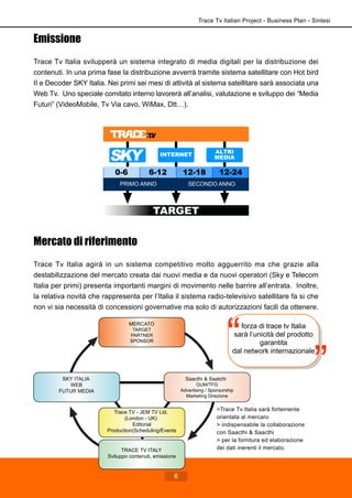 Emissione
Trace Tv Italia svilupperà un sistema integrato di media digitali per la distribuzione dei
contenuti. In una prima fase la distribuzione avverrà tramite sistema satellitare con Hot bird
II e Decoder SKY Italia. Nei primi sei mesi di attività al sistema satellitare sarà associata una
Web Tv. Uno speciale comitato interno lavorerà all’analisi, valutazione e sviluppo dei “Media
Futuri” (VideoMobile, Tv Via cavo, WiMax, Dtt…).
Mercato di riferimento
Trace Tv Italia agirà in un sistema competitivo molto agguerrito ma che grazie alla
destabilizzazione del mercato creata dai nuovi media e da nuovi operatori (Sky e Telecom
Italia per primi) presenta importanti margini di movimento nelle barrire all’entrata. Inoltre,
la relativa novità che rappresenta per l’Italia il sistema radio-televisivo satellitare fa si che
non vi sia necessità di concessioni governative ma solo di autorizzazioni facili da ottenere.
0-6 6-12 12-18 12-24
TARGET
INTERNET
ALTRI
MEDIA
PRIMO ANNO SECONDO ANNO
Saacthi & Saatchi
GUM/TFG
Advertising / Sponsorship
Marketing Direzione
SKY ITALIA
WEB
FUTUR MEDIA
MERCATO
TARGET
PARTNER
SPONSOR
TRACE TV ITALY
Sviluppo contenuti, emissione
Trace TV - JEM TV Ltd.
(London - UK)
Editorial
Production(Scheduling/Events
>Trace Tv Italia sarà fortemente
orientata al mercaro
> indispensabile la collaborazione
con Saacthi & Saacthi
> per la fornitura ed elaborazione
dei dati inerenti il mercato.
Trace Tv Italian Project - Business Plan - Sintesi
6
forza di trace tv Italia
sarà l’unicità del prodotto
garantita
dal network internazionale
 