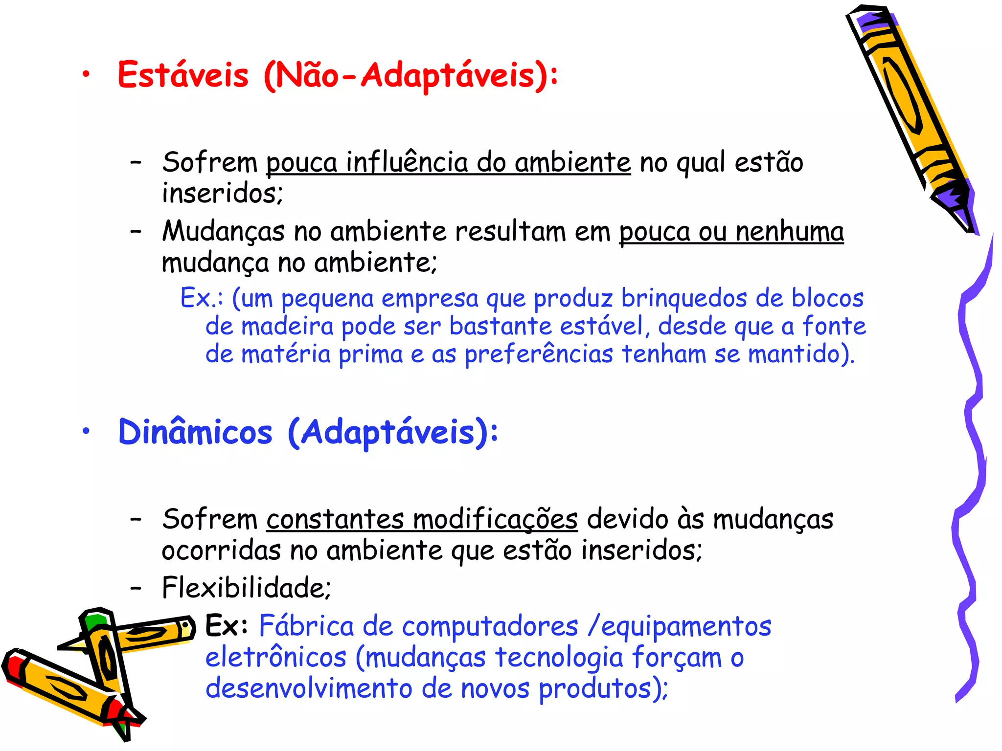 Estáveis (Não-Adaptáveis): Sofrem  pouca influência do ambiente  no qual estão inseridos; Mudanças no ambiente resultam em  pouca ou nenhuma  mudança no ambiente; Ex.: (um pequena empresa que produz brinquedos de blocos de madeira pode ser bastante estável, desde que a fonte de matéria prima e as preferências tenham se mantido). Dinâmicos (Adaptáveis): Sofrem  constantes modificações  devido às mudanças ocorridas no ambiente que estão inseridos; Flexibilidade; Ex:   Fábrica de computadores /equipamentos eletrônicos (mudanças tecnologia forçam o desenvolvimento de novos produtos); 