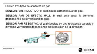www.senati.edu.pe
Existen tres tipos de sensores de par:
SENSOR PAR INDUCTIVO, el cual induce corriente cuando gira.
SENSOR PAR DE EFECTO HALL, el cual deja pasar la corriente
dependiendo de la velocidad de giro.
SENSOR PAR RESISTIVO, el cual consiste en una resistencia variable y
el voltaje va variando dependiendo de la posición de la dirección.
 
