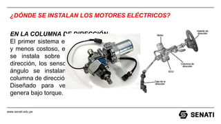 www.senati.edu.pe
¿DÓNDE SE INSTALAN LOS MOTORES ELÉCTRICOS?
EN LA COLUMNA DE DIRECCIÓN
El primer sistema es el más común
y menos costoso, el motor eléctrico
se instala sobre la columna de
dirección, los sensores de torque y
ángulo se instalan en la misma
columna de dirección.
Diseñado para vehículos ligeros,
genera bajo torque.
 