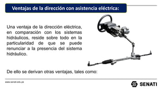 www.senati.edu.pe
Ventajas de la dirección con asistencia eléctrica:
Una ventaja de la dirección eléctrica,
en comparación con los sistemas
hidráulicos, reside sobre todo en la
particularidad de que se puede
renunciar a la presencia del sistema
hidráulico.
De ello se derivan otras ventajas, tales como:
 