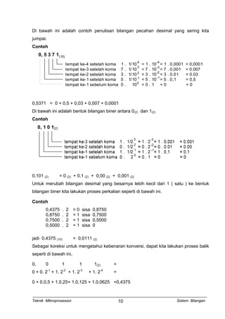 Di bawah ini adalah contoh penulisan bilangan pecahan desimal yang sering kita
jumpai.
Contoh
0, 5 3 7 1(10)
tempat ke-4 setelah koma 1 . 1/10 = 1 . 10 = 1 . 0,0001 = 0,0001
tempat ke-3 setelah koma 7 . 1/10 = 7 . 10 = 7 . 0,001 = 0.007
tempat ke-2 setelah koma 3 . 1/10 = 3 . 10 = 3 . 0.01 = 0.03
tempat ke-1 setelah koma 5 . 1/10 = 5 . 10 = 5 . 0,1 = 0,5
tempat ke-1 sebelum koma 0 . 10 = 0 . 1 = 0 = 0
4
3
2
1
0
-4
-3
-2
-1
0,5371 = 0 + 0,5 + 0,03 + 0,007 + 0,0001
Di bawah ini adalah bentuk bilangan biner antara 0(2) dan 1(2)
Contoh
0, 1 0 1(2)
3
2
1
0
-3
-2
-1
0,101 (2) = 0 (2) + 0,1 (2) + 0,00 (2) + 0,001 (2)
Untuk merubah bilangan desimal yang besarnya lebih kecil dari 1 ( satu ) ke bentuk
bilangan biner kita lakukan proses perkalian seperti di bawah ini.
Contoh
0,4375 . 2 = 0 sisa 0,8750
0,8750 . 2 = 1 sisa 0,7500
0,7500 . 2 = 1 sisa 0,5000
0,5000 . 2 = 1 sisa 0
jadi 0,4375 (10) = 0,0111 (2)
Sebagai koreksi untuk mengetahui kebenaran konversi, dapat kita lakukan proses balik
seperti di bawah ini,
0, 0 1 1 1(2) =
0 + 0. 2-1
+ 1. 2-2
+ 1. 2-3
+ 1. 2-4
=
0 + 0.0,5 + 1.0,25+ 1.0,125 + 1.0,0625 =0,4375
Teknik Mikroprosessor Sistem Bilangan10
 