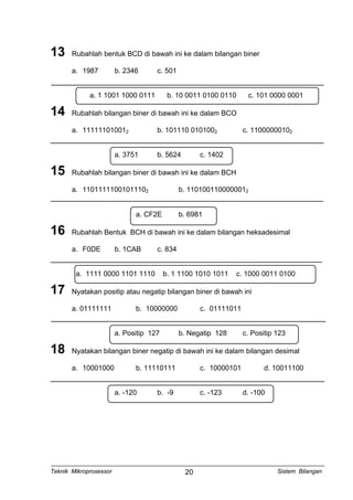 13 Rubahlah bentuk BCD di bawah ini ke dalam bilangan biner
a. 1987 b. 2346 c. 501
a. 1 1001 1000 0111 b. 10 0011 0100 0110 c. 101 0000 0001
14 Rubahlah bilangan biner di bawah ini ke dalam BCO
a. 111111010012 b. 101110 0101002 c. 11000000102
a. 3751 b. 5624 c. 1402
15 Rubahlah bilangan biner di bawah ini ke dalam BCH
a. 11011111001011102 b. 1101001100000012
a. CF2E b. 6981
16 Rubahlah Bentuk BCH di bawah ini ke dalam bilangan heksadesimal
a. F0DE b. 1CAB c. 834
a. 1111 0000 1101 1110 b. 1 1100 1010 1011 c. 1000 0011 0100
17 Nyatakan positip atau negatip bilangan biner di bawah ini
a. 01111111 b. 10000000 c. 01111011
a. Positip 127 b. Negatip 128 c. Positip 123
18 Nyatakan bilangan biner negatip di bawah ini ke dalam bilangan desimal
a. 10001000 b. 11110111 c. 10000101 d. 10011100
a. -120 b. -9 c. -123 d. -100
Teknik Mikroprosessor Sistem Bilangan20
 
