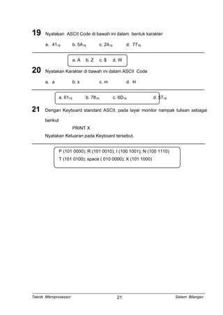 19 Nyatakan ASCII Code di bawah ini dalam bentuk karakter
a. 4116 b. 5A16 c. 2416 d. 7716
a. A b. Z c. $ d. W
20 Nyatakan Karakter di bawah ini dalam ASCII Code
a. a b. x c. m d. H
a. 6116 b. 7816 c. 6D16 d. 5716
21 Dengan Keyboard standard ASCII, pada layar monitor nampak tulisan sebagai
berikut
PRINT X
Nyatakan Keluaran pada Keyboard tersebut.
P (101 0000); R (101 0010); I (100 1001); N (100 1110)
T (101 0100); space ( 010 0000); X (101 1000)
Teknik Mikroprosessor Sistem Bilangan21
 