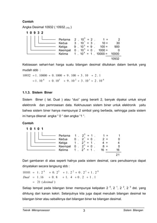 Contoh
Angka Desimal 10932 ( 10932 (10) )
1 0 9 3 2
Pertama 2 . 10 = 2 . 1 = 2
Kedua 3 . 10 = 3 . 10 = 30
Ketiga 9 . 10 = 9 . 100 = 900
Keempat 0 . 10 = 0 . 1000 = 0
Kelima 1 . 10 = 1 . 10000 = 10000
0
1
2
3
4
10932
Kebiasaan sehari-hari harga suatu bilangan desimal dituliskan dalam bentuk yang
mudah sbb :
01234
01.210.310.910.010.1
1.210.3100.91000.010000.110932
++++=
++++=
1.1.3. Sistem Biner
Sistem Biner ( lat. Dual ) atau “duo” yang berarti 2, banyak dipakai untuk sinyal
elektronik dan pemrosesan data. Kekhususan sistem biner untuk elektronik yaitu
bahwa sistem biner hanya mempunyai 2 simbol yang berbeda, sehingga pada sistem
ini hanya dikenal angka “ 0 “ dan angka “1 “.
Contoh
1 0 1 0 1
Pertama 1 . 2 = 1 . 1 = 1
Kedua 0 . 2 = 0 . 2 = 0
Ketiga 1 . 2 = 1 . 4 = 4
Keempat 0 . 2 = 0 . 8 = 0
Kelima 1 . 2 = 1 . 16 = 16
0
1
2
3
4
21
Dari gambaran di atas seperti halnya pada sistem desimal, cara penulisannya dapat
dinyatakan secara langsung sbb :
)(21
1.12.04.18.016.1
2.12.02.12.02.110101 01234
desimal
Dual
=
++++=
++++=
Setiap tempat pada bilangan biner mempunyai kelipatan 2 0
, 2 1
, 2 2
, 2 3
dst. yang
dihitung dari kanan kekiri. Selanjutnya kita juga dapat merubah bilangan desimal ke
bilangan biner atau sebaliknya dari bilangan biner ke bilangan desimal.
Teknik Mikroprosessor Sistem Bilangan3
 