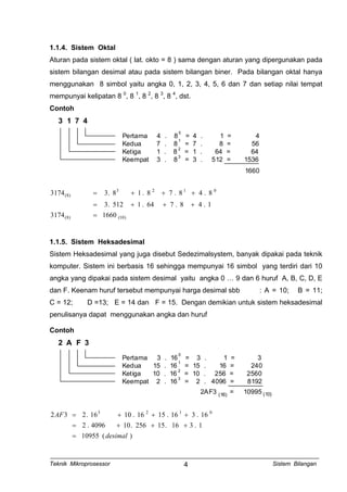 1.1.4. Sistem Oktal
Aturan pada sistem oktal ( lat. okto = 8 ) sama dengan aturan yang dipergunakan pada
sistem bilangan desimal atau pada sistem bilangan biner. Pada bilangan oktal hanya
menggunakan 8 simbol yaitu angka 0, 1, 2, 3, 4, 5, 6 dan 7 dan setiap nilai tempat
mempunyai kelipatan 8 0
, 8 1
, 8 2
, 8 3
, 8 4
, dst.
Contoh
3 1 7 4
Pertama 4 . 8 = 4 . 1 = 4
Kedua 7 . 8 = 7 . 8 = 56
Ketiga 1 . 8 = 1 . 64 = 64
Keempat 3 . 8 = 3 . 512 = 1536
0
1
2
3
1660
)10()8(
0123
)8(
16603174
1.48.764.1512.3
8.48.78.18.33174
=
+++=
+++=
1.1.5. Sistem Heksadesimal
Sistem Heksadesimal yang juga disebut Sedezimalsystem, banyak dipakai pada teknik
komputer. Sistem ini berbasis 16 sehingga mempunyai 16 simbol yang terdiri dari 10
angka yang dipakai pada sistem desimal yaitu angka 0 … 9 dan 6 huruf A, B, C, D, E
dan F. Keenam huruf tersebut mempunyai harga desimal sbb : A = 10; B = 11;
C = 12; D =13; E = 14 dan F = 15. Dengan demikian untuk sistem heksadesimal
penulisanya dapat menggunakan angka dan huruf
Contoh
2 A F 3
Pertama 3 . 16 = 3 . 1 = 3
Kedua 15 . 16 = 15 . 16 = 240
Ketiga 10 . 16 = 10 . 256 = 2560
Keempat 2 . 16 = 2 . 4096 = 8192
0
1
2
3
2AF3 = 10995(16) (10)
)(10955
1.316.15256.104096.2
16.316.1516.1016.232 0123
desimal
AF
=
+++=
+++=
Teknik Mikroprosessor Sistem Bilangan4
 