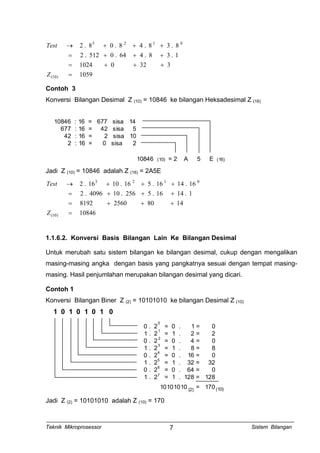 1059
33201024
1.38.464.0512.2
8.38.48.08.2
)10(
0123
=
+++=
+++=
+++→
Z
Test
Contoh 3
Konversi Bilangan Desimal Z (10) = 10846 ke bilangan Heksadesimal Z (16)
10846 : 16 = 677 sisa 14
677 : 16 = 42 sisa 5
42 : 16 = 2 sisa 10
2 : 16 = 0 sisa 2
10846 (10) = 2 A 5 E (16)
Jadi Z (10) = 10846 adalah Z (16) = 2A5E
10846
148025608192
1.1416.5256.104096.2
16.1416.516.1016.2
)10(
0123
=
+++=
+++=
+++→
Z
Test
1.1.6.2. Konversi Basis Bilangan Lain Ke Bilangan Desimal
Untuk merubah satu sistem bilangan ke bilangan desimal, cukup dengan mengalikan
masing-masing angka dengan basis yang pangkatnya sesuai dengan tempat masing-
masing. Hasil penjumlahan merupakan bilangan desimal yang dicari.
Contoh 1
Konversi Bilangan Biner Z (2) = 10101010 ke bilangan Desimal Z (10)
1 0 1 0 1 0 1 0
0 . 2 = 0 . 1 = 0
1 . 2 = 1 . 2 = 2
0 . 2 = 0 . 4 = 0
1 . 2 = 1 . 8 = 8
0 . 2 = 0 . 16 = 0
1 . 2 = 1 . 32 = 32
0 . 2 = 0 . 64 = 0
1 . 2 = 1 . 128 = 128
0
1
2
3
4
5
6
7
10101010 = 170(2) (10)
Jadi Z (2) = 10101010 adalah Z (10) = 170
Teknik Mikroprosessor Sistem Bilangan7
 