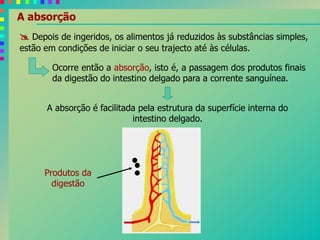 A absorção
 Depois de ingeridos, os alimentos já reduzidos às substâncias simples,
estão em condições de iniciar o seu trajecto até às células.
Ocorre então a absorção, isto é, a passagem dos produtos finais
da digestão do intestino delgado para a corrente sanguínea.
A absorção é facilitada pela estrutura da superfície interna do
intestino delgado.
Produtos da
digestão
 
