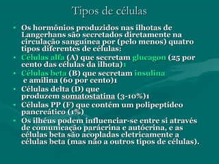 Tipos de célulasTipos de células
• Os hormônios produzidos nas ilhotas deOs hormônios produzidos nas ilhotas de
Langerhans são secretados diretamente naLangerhans são secretados diretamente na
circulação sanguínea por (pelo menos) quatrocirculação sanguínea por (pelo menos) quatro
tipos diferentes de células:tipos diferentes de células:
• Células alfaCélulas alfa (A) que secretam(A) que secretam glucagonglucagon (25 por(25 por
cento das células da ilhota)cento das células da ilhota)11
• Células betaCélulas beta (B) que secretam(B) que secretam insulinainsulina
e amilina (60 por cento)1e amilina (60 por cento)1
• Células delta (D) queCélulas delta (D) que
produzemproduzem somatostatinasomatostatina (3-10%)1(3-10%)1
• Células PP (F) que contém um polipeptídeoCélulas PP (F) que contém um polipeptídeo
pancreático (1%)pancreático (1%)
• Os ilhéus podem influenciar-se entre si atravésOs ilhéus podem influenciar-se entre si através
de comunicação parácrina e autócrina, e asde comunicação parácrina e autócrina, e as
células beta são acopladas eletricamente acélulas beta são acopladas eletricamente a
células beta (mas não a outros tipos de células).células beta (mas não a outros tipos de células).
 