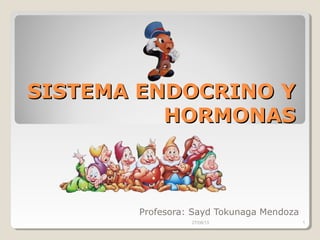 SISTEMA ENDOCRINO YSISTEMA ENDOCRINO Y
HORMONASHORMONAS
Profesora: Sayd Tokunaga Mendoza
27/08/13 1
 