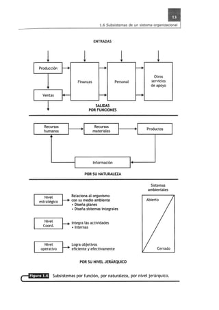 I 
1 
Produccion 
Yentas 
! 
Recursos 
humanos 
Nivel 
estrategico 
1.6 Subsistemas de un sistema organizacional 
ENTRADAS 
1 1 
~ ~ 
Finanzas Personal 
f+- ~ 
SALIDAS 
POR FU NCION ES 
I -I Recursos materiales I 
Informacion 
POR SU NATURALEZA 
Relaciona al organismo 
---+ con su medio ambiente 
• Diseiia planes 
• Diseiia sistemas integrales 
~ 
~ 
- 
, 
1 
Otros 
servicios 
de apoyo 
Productos 
Sistemas 
ambientales 
Abierto 
CNoiovredl. ~ Integra las actividades 
'--____ ---'. • Internas 
Nivel 
operativo 
Logra objetivos 
eficiente y efectivamente 
POR SU NIVEL JERARQUICO 
Cerrado 
Subsistemas par funcion, par naturaleza, par nivel jerarquica. 
 