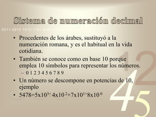 0011 0010 1010 1101 0001 0100 1011

     • Procedentes de los árabes, sustituyó a la
       numeración romana, y es el habitual en la vida
       cotidiana.

                                              1
                                                     2
     • También se conoce como en base 10 porque
       emplea 10 símbolos para representar los números.




                                          4
         – 0123456789
     • Un número se descompone en potencias de 10,
       ejemplo
     • 5478=5x103+ 4x10 2+7x101+8x10 0
 