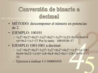 0011 0010 1010 1101 0001 0100 1011

     • MÉTODO: descomponer el número en potencias
       de 2.
     • EJEMPLO: 100101

                                               1
                                                     2
         – 1x25+0x24+0x23+1x22+0x21+1x20=1x32+0x16+0x8+1
           x4+0x2+1x1=37 Por lo tanto 100101B=37




                                           4
     • EJEMPLO 10011001 a decimal
         – 1x27+0x26+0x25+1x24+1x23+0x22+0x21+1x20=1x128+
           0x64+0x32+1x16+1x8+0x4+0x2+0x1=128+16+8+1=1
           53
         – Ejercicio a realizar 111100001010
 