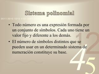 0011 0010 1010 1101 0001 0100 1011

     • Todo número es una expresión formada por
       un conjunto de símbolos. Cada uno tiene un


                                        1
                                              2
       valor fijo y diferente a los demás.
     • El número de símbolos distintos que se




                                     4
       pueden usar en un determinado sistema de
       numeración constituye su base.
 