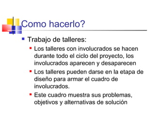 Como hacerlo?
 Trabajo de talleres:
 Los talleres con involucrados se hacen
durante todo el ciclo del proyecto, los
involucrados aparecen y desaparecen
 Los talleres pueden darse en la etapa de
diseño para armar el cuadro de
involucrados.
 Este cuadro muestra sus problemas,
objetivos y alternativas de solución
 