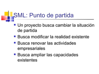 SML: Punto de partida
 Un proyecto busca cambiar la situación
de partida
 Busca modificar la realidad existente
 Busca renovar las actividades
empresariales
 Busca ampliar las capacidades
existentes
 