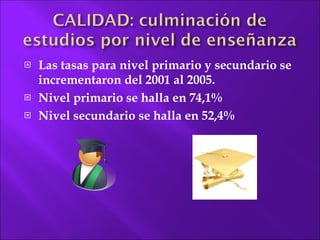 Las tasas para nivel primario y secundario se incrementaron del 2001 al 2005. Nivel primario se halla en 74,1% Nivel secundario se halla en 52,4% 