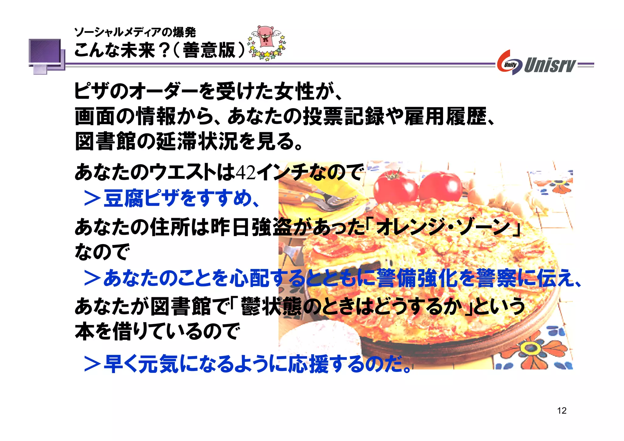 ソーシャルメディアの爆発
こんな未来？（善意版）

ピザのオーダーを受けた女性が、
画面の情報から、あなたの投票記録や雇用履歴、
図書館の延滞状況を見る。
あなたのウエストは42インチなので
＞豆腐ピザをすすめ、
あなたの住所は昨日強盗があった「オレンジ・ゾーン」
なので
＞あなたのことを心配するとともに警備強化を警察に伝え、
あなたが図書館で「鬱状態のときはどうするか」という
本を借りているので
＞早く元気になるように応援するのだ。

                         12
 