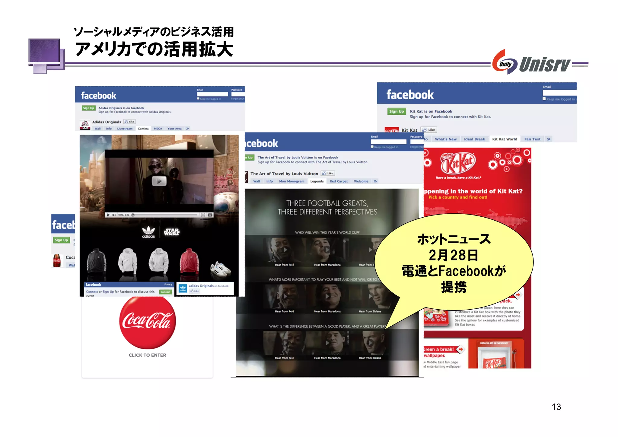 ソーシャルメディアのビジネス活用
アメリカでの活用拡大




                    ホットニュース
                     2月28日
                   電通とFacebookが
                      提携




                                  13
 