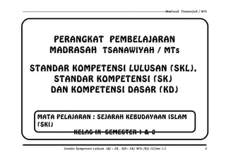 Madrasah Tsanawiyah / MTs

PERANGKAT PEMBELAJARAN
MADRASAH TSANAWIYAH / MTs
STANDAR KOMPETENSI LULUSAN (SKL),
STANDAR KOMPETENSI (SK)
DAN KOMPETENSI DASAR (KD)
MATA PELAJARAN : SEJARAH KEBUDAYAAN ISLAM
(SKI)
KELAS IX SEMESTER 1 & 2
Standar Kompetensi Lulusan Skl – SK - KD – SKI MTs /Kls IX/Smt 1-2

1

 