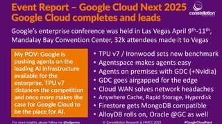 Event Report – Google Cloud Next 2025
Google Cloud completes and leads
My POV: Google is
pushing agents on the
leading AI infrastructure
available for the
enterprise. TPU v7
distances the competition
and once more makes the
case for Google Cloud to
be the place for AI.
Google’s enterprise conference was held in Las Vegas April 9th-11th,
Mandalay Bay Convention Center, 32k attendees made it to Vegas
For more insights, please follow me @holgermu © Constellation Research & HMCC 2025 #GoogleCloudNext
• TPU v7 / Ironwood sets new benchmark
• Agentspace makes agents easy
• Agents on premises with GDC (+Nvidia)
• GDC goes airgapped for the edge
• Cloud WAN solves network headaches
• Anywhere Cache, Rapid Storage, Hyperdisk
• Firestore gets MongoDB compatible
• AlloyDB rolls on, Oracle @GC as well
 