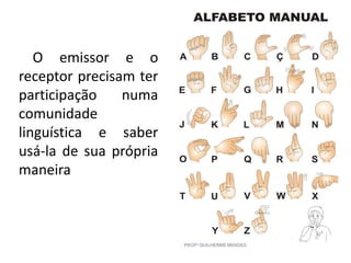 O emissor e o
receptor precisam ter
participação numa
comunidade
linguística e saber
usá-la de sua própria
maneira
 