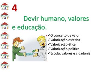 4
Devir humano, valores
e educação.
O conceito de valor
Valorização estética
Valorização ética
Valorização política
Escola, valores e cidadania
 