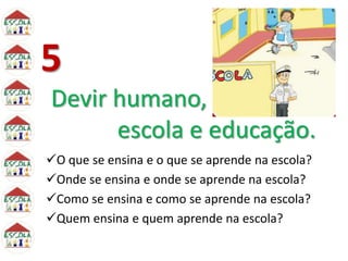 5
Devir humano,
escola e educação.
O que se ensina e o que se aprende na escola?
Onde se ensina e onde se aprende na escola?
Como se ensina e como se aprende na escola?
Quem ensina e quem aprende na escola?
 