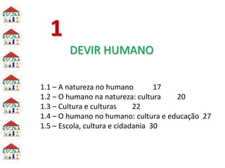 1
DEVIR HUMANO
1.1 – A natureza no humano 17
1.2 – O humano na natureza: cultura 20
1.3 – Cultura e culturas 22
1.4 – O humano no humano: cultura e educação 27
1.5 – Escola, cultura e cidadania 30
 