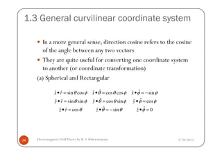 1.3 General curvilinear coordinate system
In a more general sense, direction cosine refers to the cosine
of the angle between any two vectors
They are quite useful for converting one coordinate system
to another (or coordinate transformation)
(a) Spherical and Rectangular
2/20/2013Electromagnetic FieldTheory by R. S. Kshetrimayum24
(a) Spherical and Rectangular
ˆ ˆˆ ˆ ˆ ˆsin cos cos cos sin
ˆ ˆˆ ˆ ˆ ˆsin sin cos sin cos
ˆ ˆˆˆ ˆ ˆcos sin 0
x r x x
y r y y
z r z z
θ φ θ θ φ φ φ
θ φ θ θ φ φ φ
θ θ θ φ
• = • = • = −
• = • = • =
• = • = − • =
 