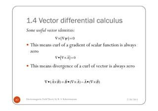 1.4 Vector differential calculus
Some useful vector identities:
This means curl of a gradient of scalar function is always
zero
( ) 0ψ∇× ∇ =
( )∇ • ∇× =
r
2/20/2013Electromagnetic FieldTheory by R. S. Kshetrimayum42
This means divergence of a curl of vector is always zero
( ) 0A∇ • ∇× =
r
( ) ( ) ( )A B B A A B∇• × = • ∇× − • ∇×
r r rr r r
 