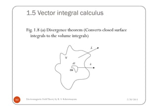 1.5 Vector integral calculus
Fig. 1.8 (a) Divergence theorem (Converts closed surface
integrals to the volume integrals)
A
r
2/20/2013Electromagnetic FieldTheory by R. S. Kshetrimayum50
V
ˆnds
r
da
 