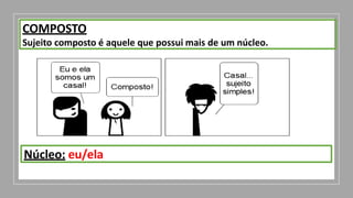 COMPOSTO
Sujeito composto é aquele que possui mais de um núcleo.
Núcleo: eu/ela
 