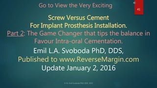 Screw Versus Cement
For Implant Prosthesis Installation.
Part 2: The Game Changer that tips the balance in
Favour Intra-or...