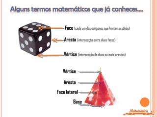 Face (cada um dos polígonos que limitam o sólido)

    Aresta (intersecção entre duas faces)

    Vértice (intersecção de duas ou mais arestas)


   Vértice

   Aresta
Face lateral
          Base
                                                        5º
 