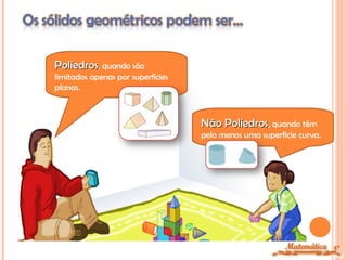 Poliedros, quando são
limitados apenas por superfícies
planas.



                                   Não Poliedros, quando têm
                                   pelo menos uma superfície curva.




                                                                      5º
 