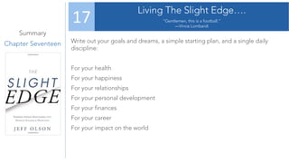 Summary
Chapter Seventeen
Living The Slight Edge….
“Gentlemen, this is a football.”
—Vince Lombardi
17
Write out your goals and dreams, a simple starting plan, and a single daily
discipline:
For your health
For your happiness
For your relationships
For your personal development
For your finances
For your career
For your impact on the world
 
