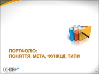 ПОРТФОЛІО:
ПОНЯТТЯ, МЕТА, ФУНКЦІЇ, ТИПИ
12
 