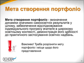Мета створення портфоліо
Мета створення портфоліо - визначення
динаміки значимих самоосвітніх результатів у
цілому, забезпечення відслідковування
індивідуального прогресу вчителя в широкому
освітньому контексті, демонстрація його здібності
до практичного застосування освітніх надбань.
15
Важливо! Треба розрізняти мету
портфоліо і місце щодо його
представлення
 