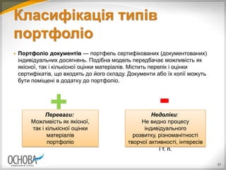 Класифікація типів
портфоліо
 Портфоліо документів — портфель сертифікованих (документованих)
індивідуальних досягнень. Подібна модель передбачає можливість як
якісної, так і кількісної оцінки матеріалів. Містить перелік і оцінки
сертифікатів, що входять до його складу. Документи або їх копії можуть
бути поміщені в додатку до портфоліо.
21
Переваги:
Можливість як якісної,
так і кількісної оцінки
матеріалів
портфоліо
Недоліки:
Не видно процесу
індивідуального
розвитку, різноманітності
творчої активності, інтересів
і т. п.
-+
 