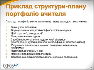 Приклад структури-плану
портфоліо вчителя
Приклад портфоліо вчителя у вигляді плану виглядає таким чином:
1. Виконувані обов'язки
2. Формулювання педагогічної філософії викладача
3. Цілі, стратегії, методології
4. Опис навчальних курсів
5. Засоби вдосконалення педагогічної діяльності
(конференції, курси підвищення кваліфікації, майстер-класи)
6. Результати діагностики учнів по заявлених навчальних
програмах
7. Приклади досягнень учнів.
8. Намічені професійні перспективи
9. Додатки, що підкріплюють заявлені раніше положення.
31
 