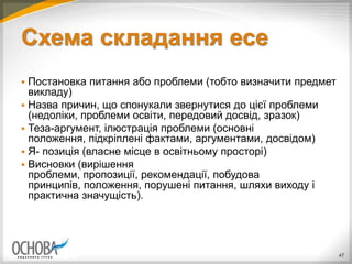 Схема складання есе
 Постановка питання або проблеми (тобто визначити предмет
викладу)
 Назва причин, що спонукали звернутися до цієї проблеми
(недоліки, проблеми освіти, передовий досвід, зразок)
 Теза-аргумент, ілюстрація проблеми (основні
положення, підкріплені фактами, аргументами, досвідом)
 Я- позиція (власне місце в освітньому просторі)
 Висновки (вирішення
проблеми, пропозиції, рекомендації, побудова
принципів, положення, порушені питання, шляхи виходу і
практична значущість).
47
 