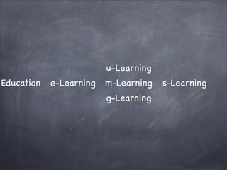 u-Learning
Education

e-Learning

m-Learning
g-Learning

s-Learning

 