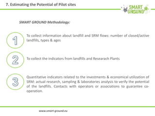 7. Estimating the Potential of Pilot sites
Quantitative indicators related to the investments & economical utilization of
SRM: actual research, sampling & laboratories analysis to verify the potential
of the landfills. Contacts with operators or associations to guarantee co-
operation.
www.smart-ground.eu
SMART GROUND Methodology:
To collect information about landfill and SRM flows: number of closed/active
landfills, types & ages
To collect the indicators from landfills and Researach Plants
 