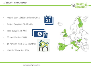 1. SMART GROUND ID
• Project Start Date: 01 October 2015
• Project Duration: 30 Months
• Total Budget: 2.5 Mln
• EC contribution: 100%
• 14 Partners from 5 EU countries
• H2020 - Waste 4c - 2014
www.smart-ground.eu
 