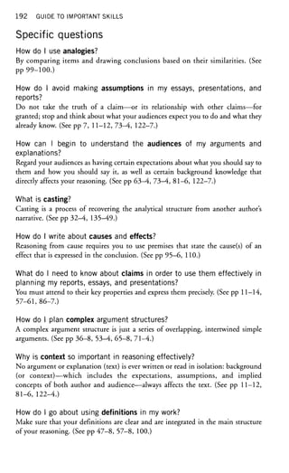 192 GUIDE TO IMPORTANT SKILLS
Specific questions
How do I use analogies?
By comparing items and drawing conclusions based on their similarities. (See
pp 99-100.)
How do I avoid making assumptions in my essays, presentations, and
reports?
Do not take the truth of a claim—or its relationship with other claims—for
granted; stop and think about what your audiences expect you to do and what they
already know. (See pp 7, 11-12, 73-4, 122-7.)
How can I begin to understand the audiences of my arguments and
explanations?
Regard your audiences as having certain expectations about what you should say to
them and how you should say it, as well as certain background knowledge that
directly affects your reasoning. (See pp 63-4, 73-4, 81-6, 122-7.)
What is casting?
Casting is a process of recovering the analytical structure from another author's
narrative. (See pp 32-4, 135-49.)
How do I write about causes and effects?
Reasoning from cause requires you to use premises that state the cause(s) of an
effect that is expressed in the conclusion. (See pp 95—6, 110.)
What do I need to know about claims in order to use them effectively in
planning my reports, essays, and presentations?
You must attend to their key properties and express them precisely. (See pp 11-14,
57-61, 86-7.)
How do I plan complex argument structures?
A complex argument structure is just a series of overlapping, intertwined simple
arguments. (See pp 36-8, 53-4, 65-8, 71-4.)
Why is context so important in reasoning effectively?
No argument or explanation (text) is ever written or read in isolation: background
(or context)—which includes the expectations, assumptions, and implied
concepts of both author and audience—always affects the text. (See pp 11-12,
81-6, 122-4.)
How do I go about using definitions in my work?
Make sure that your definitions are clear and are integrated in the main structure
of your reasoning. (See pp 47-8, 57-8, 100.)
 