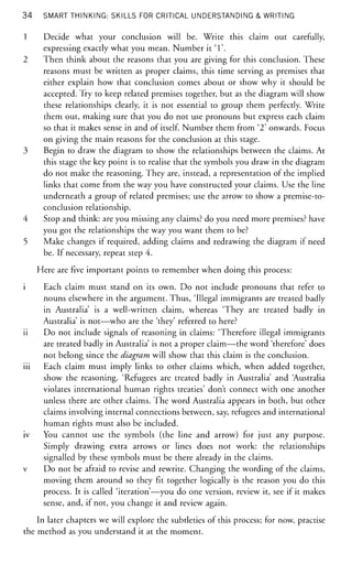 34 SMART THINKING: SKILLS FOR CRITICAL UNDERSTANDING & WRITING
1 Decide what your conclusion will be. Write this claim out carefully,
expressing exactly what you mean. Number it T 
2 Then think about the reasons that you are giving for this conclusion. These
reasons must be written as proper claims, this time serving as premises that
either explain how that conclusion comes about or show why it should be
accepted. Try to keep related premises together, but as the diagram will show
these relationships clearly, it is not essential to group them perfectly. Write
them out, making sure that you do not use pronouns but express each claim
so that it makes sense in and of itself. Number them from ' 2 ' onwards. Focus
on giving the main reasons for the conclusion at this stage.
3 Begin to draw the diagram to show the relationships between the claims. At
this stage the key point is to realise that the symbols you draw in the diagram
do not make the reasoning. They are, instead, a representation of the implied
links that come from the way you have constructed your claims. Use the line
underneath a group of related premises; use the arrow to show a premise-to-
conclusion relationship.
4 Stop and think: are you missing any claims? do you need more premises? have
you got the relationships the way you want them to be?
5 Make changes if required, adding claims and redrawing the diagram if need
be. If necessary, repeat step 4.
Here are five important points to remember when doing this process:
Each claim must stand on its own. Do not include pronouns that refer to
nouns elsewhere in the argument. Thus, 'Illegal immigrants are treated badly
in Australia is a well-written claim, whereas 'They are treated badly in
Australia is not—who are the 'they' referred to here?
Do not include signals of reasoning in claims: 'Therefore illegal immigrants
are treated badly in Australia' is not a proper claim—the word 'therefore' does
not belong since the diagram will show that this claim is the conclusion.
Each claim must imply links to other claims which, when added together,
show the reasoning. 'Refugees are treated badly in Australia' and 'Australia
violates international human rights treaties' don't connect with one another
unless there are other claims. The word Australia appears in both, but other
claims involving internal connections between, say, refugees and international
human rights must also be included.
You cannot use the symbols (the line and arrow) for just any purpose.
Simply drawing extra arrows or lines does not work: the relationships
signalled by these symbols must be there already in the claims.
Do not be afraid to revise and rewrite. Changing the wording of the claims,
moving them around so they fit together logically is the reason you do this
process. It is called 'iteration'—you do one version, review it, see if it makes
sense, and, if not, you change it and review again.
In later chapters we will explore the subtleties of this process; for now, practise
the method as you understand it at the moment.
 