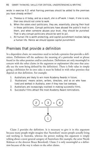 46 SMART THINKING: SKILLS FOR CRITICAL UNDERSTANDING & WRITING
wrote in exercise 4.2: what framing premises should be added to the premises
you have already written?
a. Theresa is ill today, and as a result, she is off work. I mean, if one is sick,
then one should not come to work.
b. When the voters elect politicians, they are, essentially, placing their trust
in those politicians. Corrupt politicians have abused the public's trust in
them, and when someone abuses your trust, they should be punished.
That is why corrupt politicians should be sent to jail.
c. All human life is worth protecting, and capital punishment involves taking
a human life. Hence we should oppose capital punishment.
Premises that provide a definition
In a dependent chain, we sometimes need to include a premise that provides a defi-
nition. Definitions tell the audience the meaning of a particular word or phrase
found in the other premises and/or conclusion. Definitions are only meaningful in
concert with the other claims in the argument or explanation (the ones that actu-
ally use the term being defined by the definition). There is little value in simply
giving a definition for its own sake; it must be linked in with other premises that
depend on that definition. For example:
1. Australians are likely to win more Academy Awards in future.
2. 'Australians' means actors, writers, directors, and so on who have
lived and worked in Australia, even if they now live overseas.
3. Australians are increasingly involved in making successful films.
4. Successful films attract the most Academy Award nominations.
0.©,01
©
Claim 2 provides the definition. It is necessary to give it in this argument
because many people might imagine that Australians' means people actually living
and working in Australia, whereas the person making this argument is simply
talking about a more general category of Australians (for example, the actor Nicole
Kidman or the director Bruce Beresford). Claim 2 is only meaningful as a defini-
tion because of the way it relates to the other claims.
 