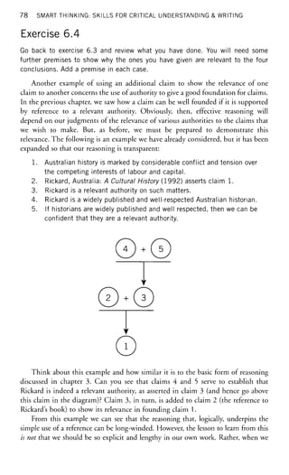 78 SMART THINKING: SKILLS FOR CRITICAL UNDERSTANDING & WRITING
Exercise 6.4
Go back to exercise 6.3 and review what you have done. You will need some
further premises to show why the ones you have given are relevant to the four
conclusions. Add a premise in each case.
Another example of using an additional claim to show the relevance of one
claim to another concerns the use of authority to give a good foundation for claims.
In the previous chapter, we saw how a claim can be well founded if it is supported
by reference to a relevant authority. Obviously, then, effective reasoning will
depend on our judgments of the relevance of various authorities to the claims that
we wish to make. But, as before, we must be prepared to demonstrate this
relevance. The following is an example we have already considered, but it has been
expanded so that our reasoning is transparent:
1. Australian history is marked by considerable conflict and tension over
the competing interests of labour and capital.
2. Rickard, Australia: A Cultural History (1992) asserts claim 1 .
3. Rickard is a relevant authority on such matters.
4. Rickard is a widely published and well-respected Australian historian.
5. If historians are widely published and well respected, then we can be
confident that they are a relevant authority.
0^0
Y
©
Think about this example and how similar it is to the basic form of reasoning
discussed in chapter 3. Can you see that claims 4 and 5 serve to establish that
Rickard is indeed a relevant authority, as asserted in claim 3 (and hence go above
this claim in the diagram)? Claim 3, in turn, is added to claim 2 (the reference to
Rickard's book) to show its relevance in founding claim 1.
From this example we can see that the reasoning that, logically, underpins the
simple use of a reference can be long-winded. However, the lesson to learn from this
is not that we should be so explicit and lengthy in our own work. Rather, when we
 